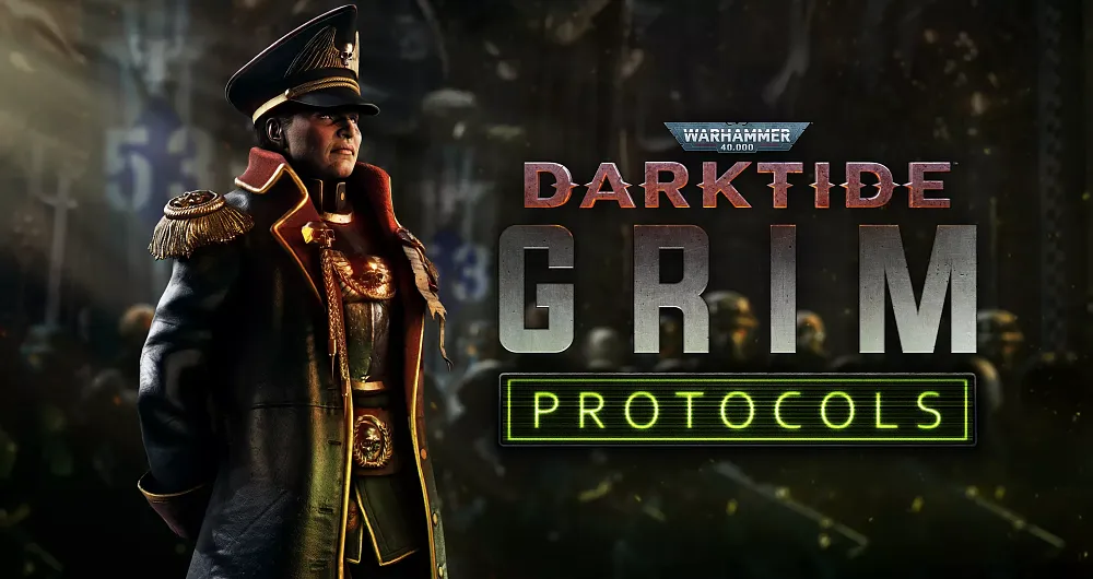 Key art for Grim Protocols update for Darktide. Shows a soldier in ornate high ranking gear standing at ease. The text says Warhammer 40,000 Darktide - Grim Protocol.