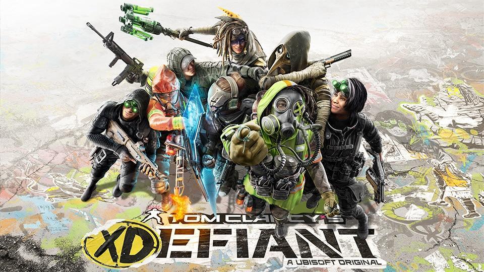 Text: XDefiant. Image: Various characters from different factions showing many soldiers and specialists from various Ubisoft titles.