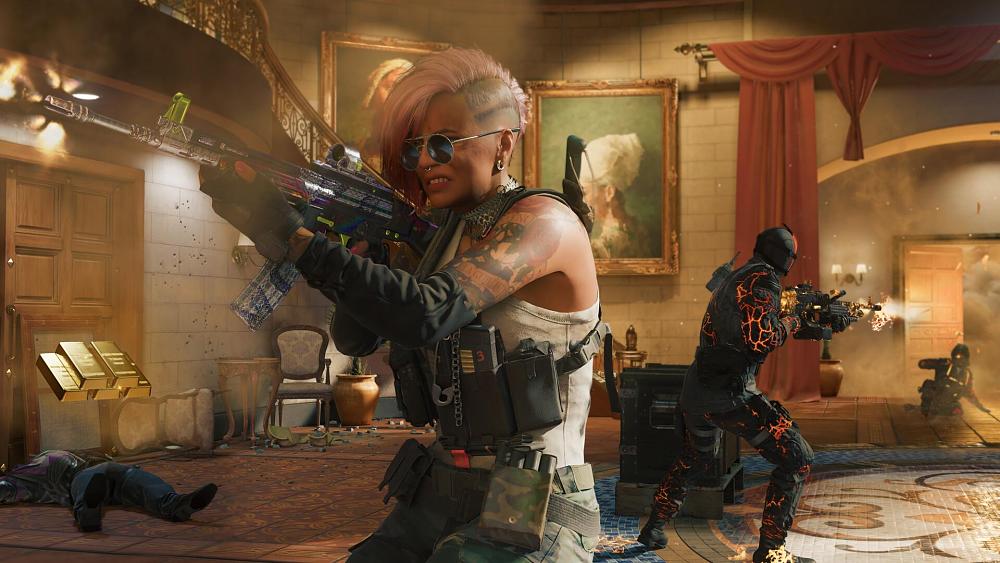 Soldiers in casual type clothing firing assault rifles and light machineguns at other players in Call of Duty.