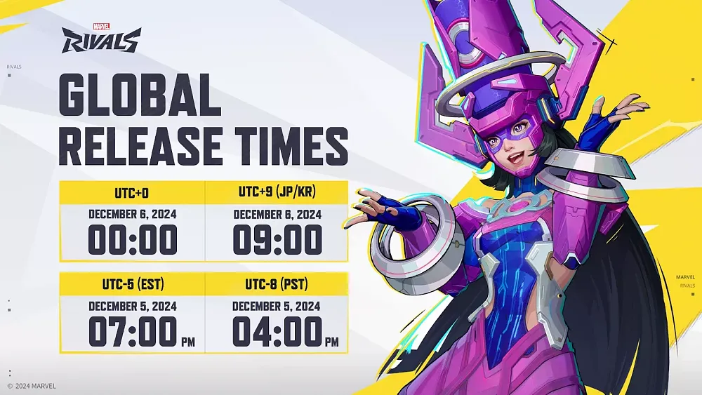 Chart showing release times for Marvel Rivals: December 5, 2024 at 7PM