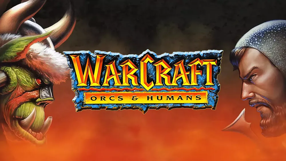An orc and human facing each other. Title: Warcraft: Orcs and Humans.