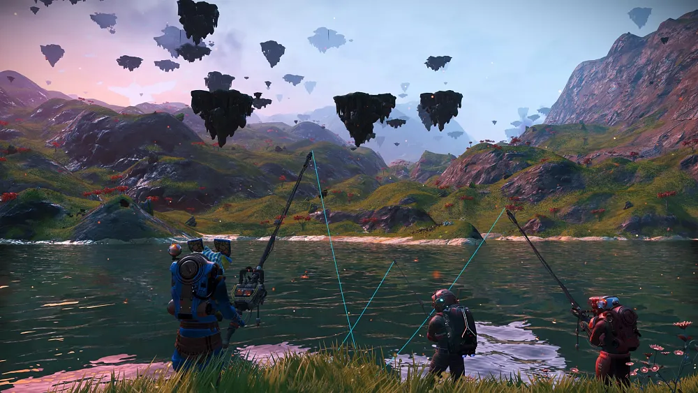 A group of astronaut explorers fishing on a lake on an alien planet, with floating islands seen in the background.