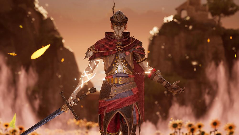 A person in armor and layers of olden times clothing stands with a sword in one hand, a mask covering most of their face, and a hat with a feather worn on top of their head.