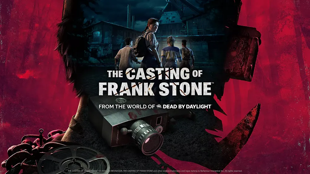 Key art showing the title The Casting of Frank Stone along with various characters inlayed on a silhouette of a person wearing a gnarly mask.