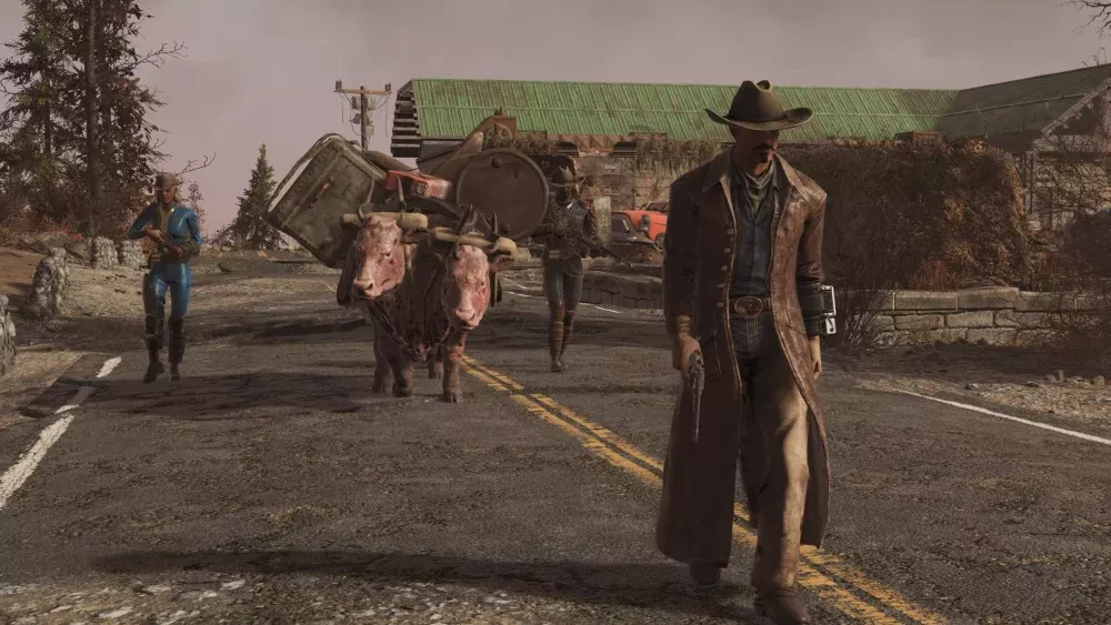 A couple of people and a two-headed ox creature in a small caravan travelling a road.