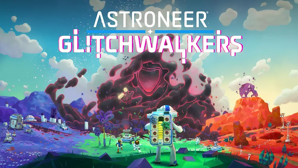Key art showing a big purple cloud enemy looming over an alien planet with the title Astroneer: Glitchwalkers up top.