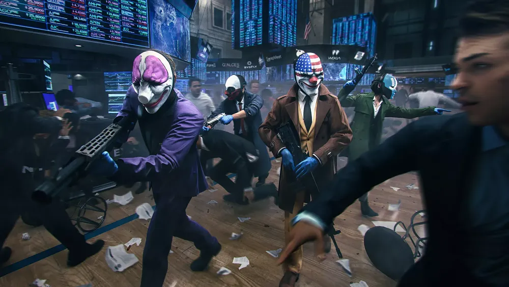 Armed robbers with masks at a stock exchange surrounded by fleeing civilians.