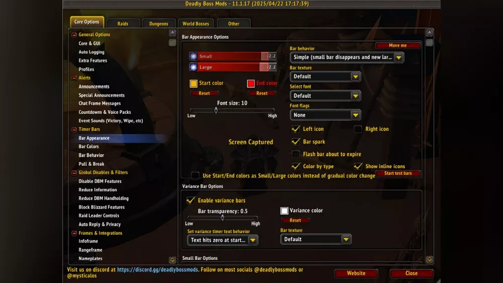Screenshot of one of the options for the Deadly Boss Mods add-on for World of Warcraft.