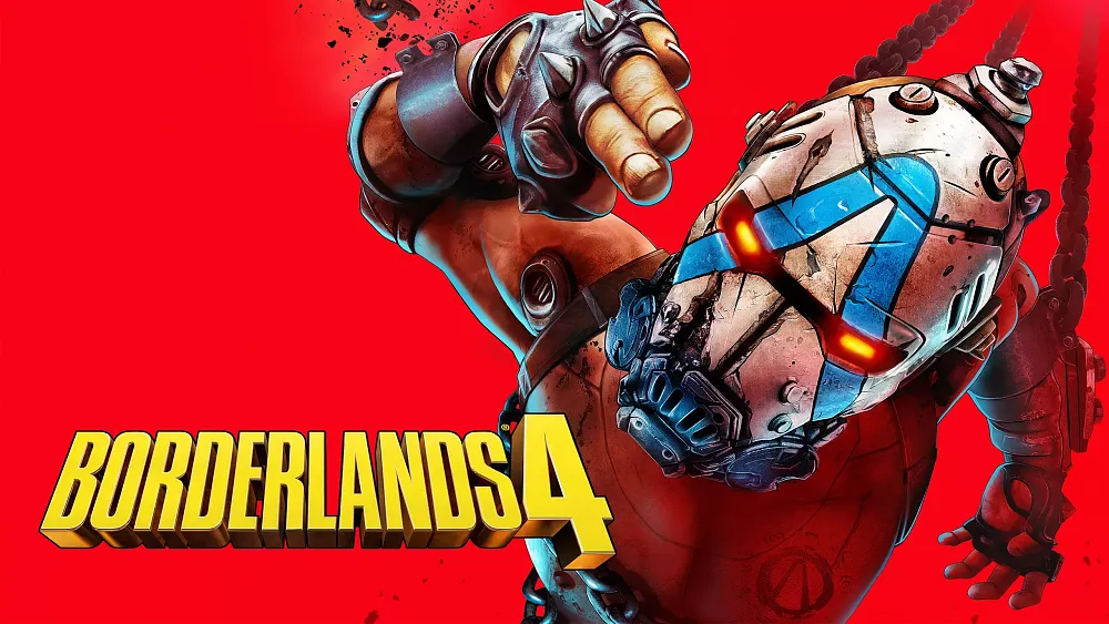 Key art for Borderlands 4 showing the title and an enemy with a mask on doing finger guns at the viewer.