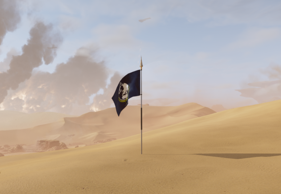 A teaser for Helldivers 2 showing a flag of Super Earth attached to a very spear-like pole planted in a desert environment.