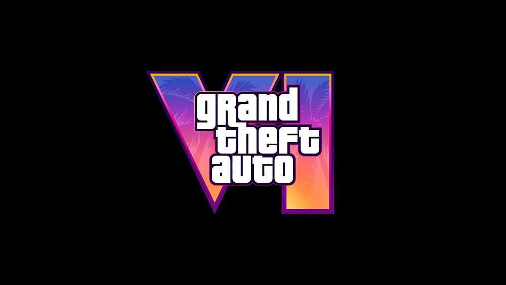 The pastel colored logo for Grand Theft Auto 6 on top of a black background.