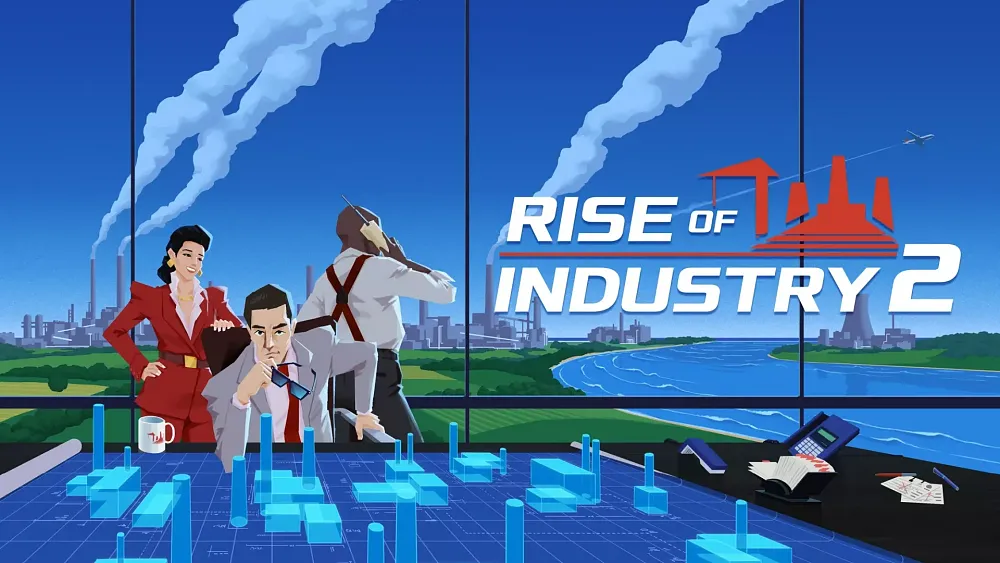 Art showing some corporate business people examining a virtual design on a table of buildings. Another person is on the phone and looking out the window of the office room they are in and he is looking at actual buildings and a plane flying overhead.