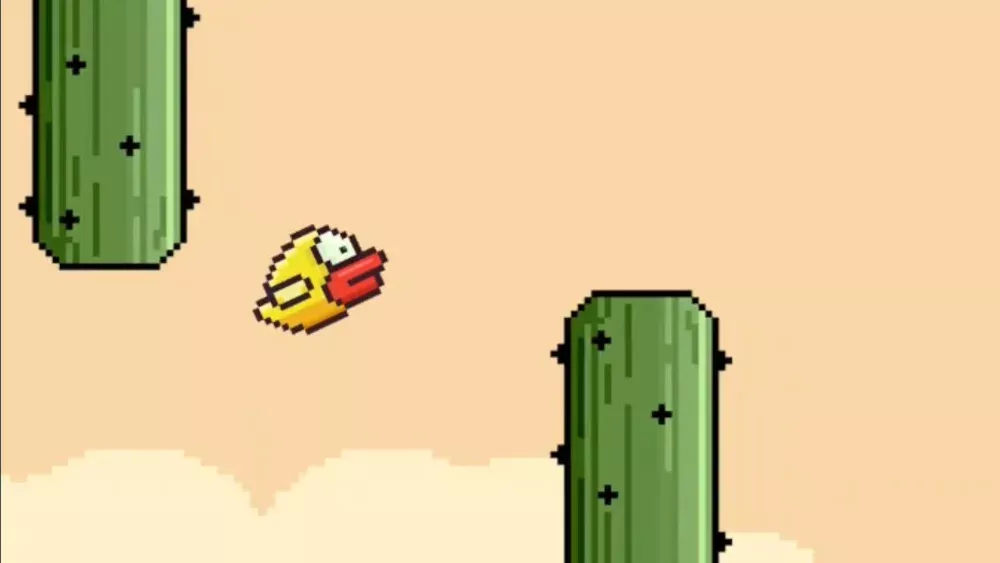 A bird flapping between cacti.