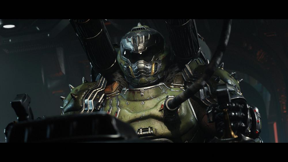 DOOM Guy attached to some hoses or wires.