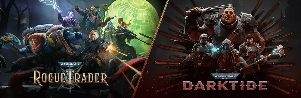 Art promoting a little crossover event between Warhammer 40K: Darktide and Warhammer 40K: Rogue Trader