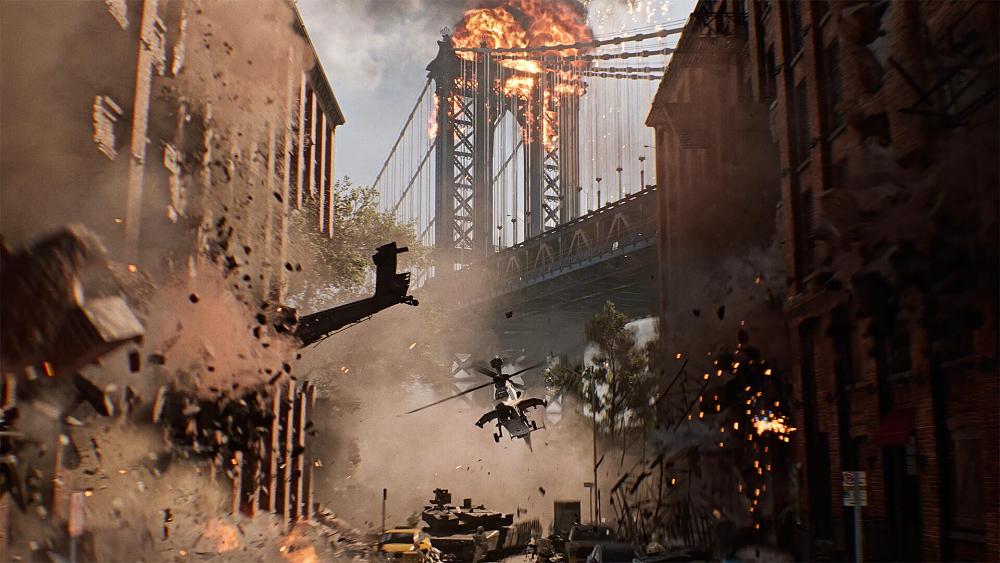 A city being destroyed by war with explosions and a helicopter crashing into a building and debris flying everywhere.