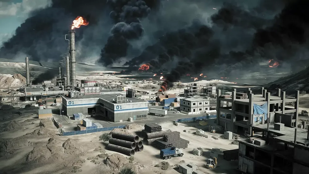 Screenshot of the Operation Firestorm map for Battlefield 6 showing a factory and various industrial buildings and construction in the middle of a rocky desert.