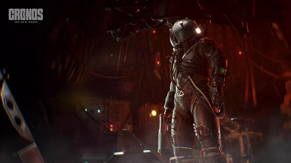 A man in some sort of a space suit or diving suit looking outfit. The helmet is opaque. The person is holding a futuristic pistol of some sort.