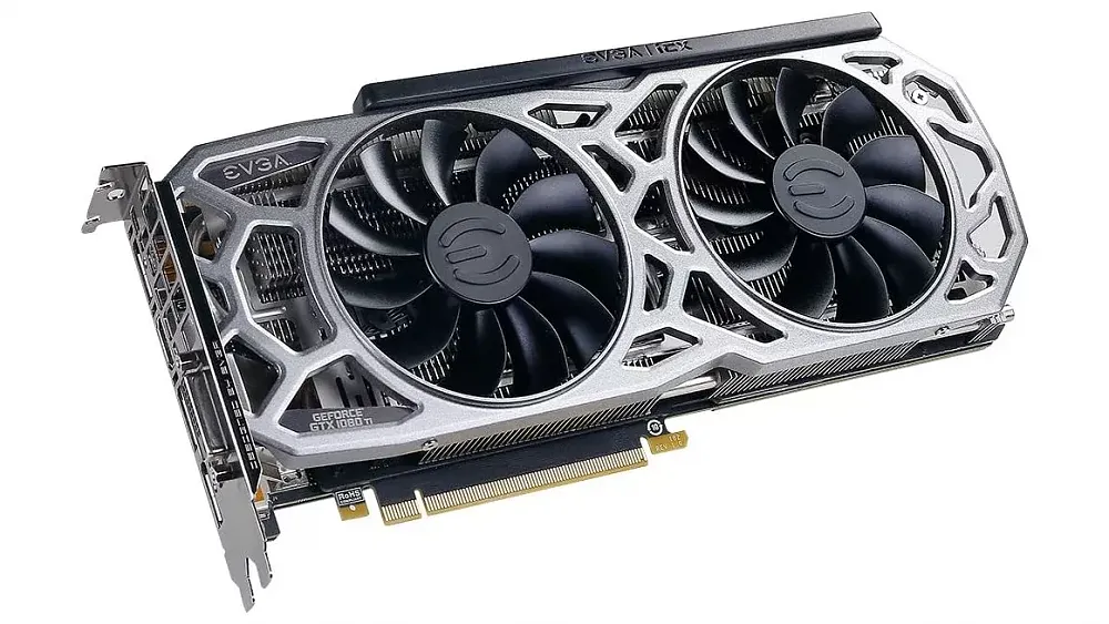 A photo of an EVGA branded Nvidia GTX 1080 Ti SC2 graphics card.