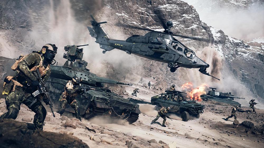 A big group of soldiers on foot, in tanks, in a jeep, and in a helicopter all rushing off to the right in a snowy mountainous area.