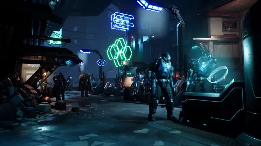A futuristic sci-fi setting of a large city at night with glowing neon signs, humans in sci-fi style armor and aliens. It's a screenshot from the cancelled MMORPG from ZeniMax Online Studios called Project Blackbird.