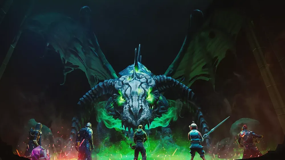 A big fantasy dragon facing off against a handful of battle ready Fortnite characters.