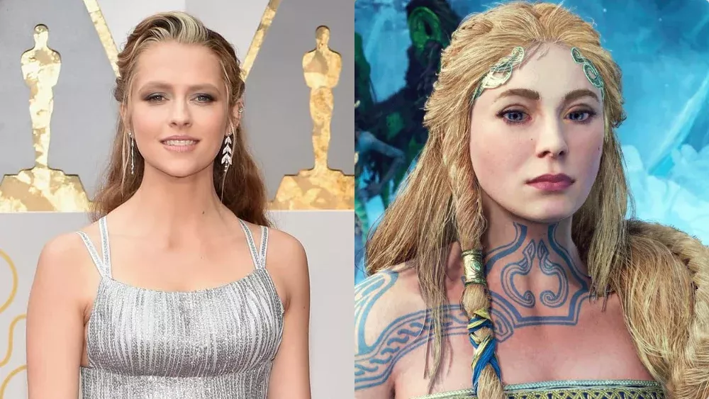 Photo of actress Teresa Palmer on left and the character Sif from God of War Ragnarok on the right.