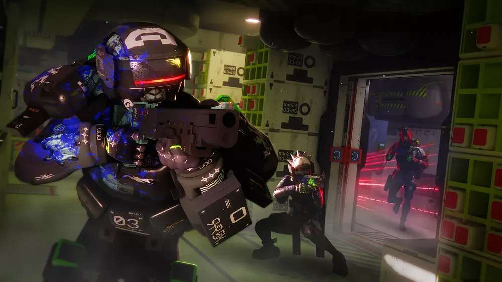 Screenshot of the Bungie game, Marathon, showing some of the Deluxe Edition and pre-order bonus skins on various player characters.