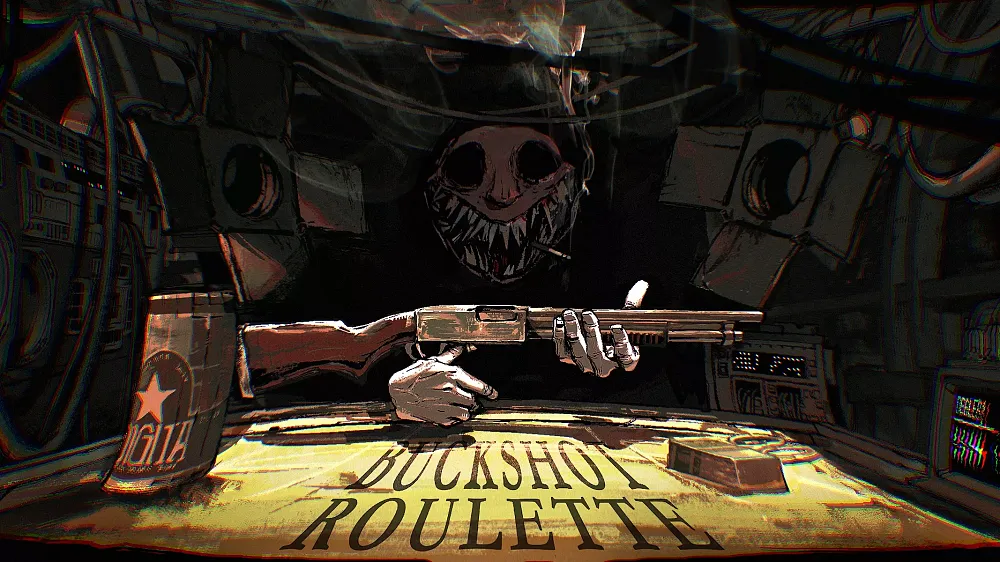 Art for Buckshot Roulette showing the creepy foe and the play area where the dangerous game takes place.