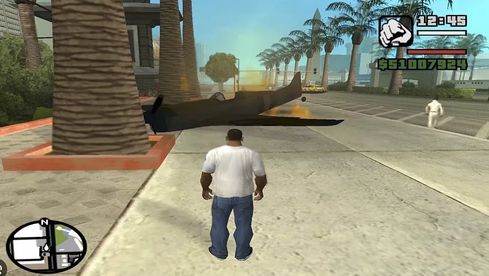 A crashed plane in Grand Theft Auto: San Andreas.