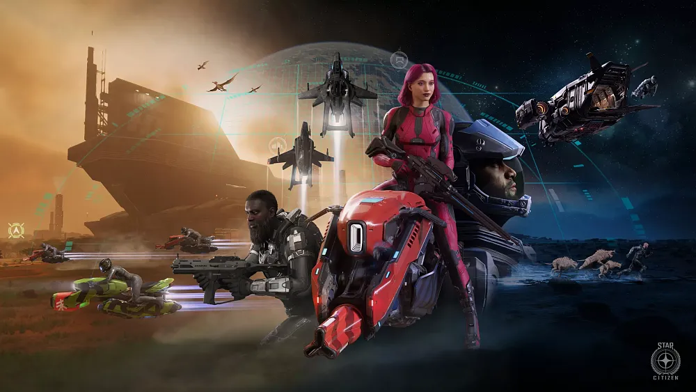 Key art for the Alpha 3.23 update for Star Citizen showing a collage of characters, hover bikes, space ships, and alien animals.