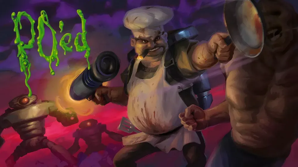 Art for PO'ed showing an angry chef blasting away aliens.