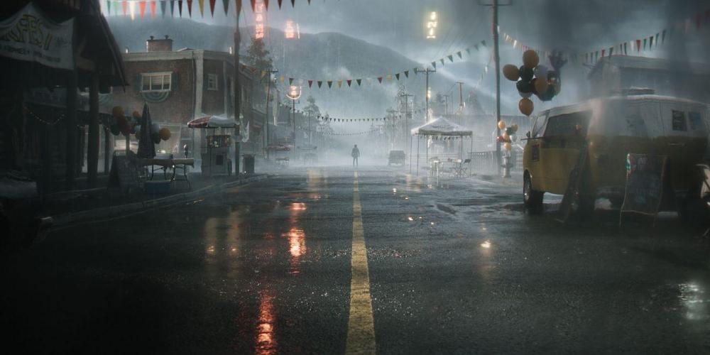 A person in the distance stands in the middle of a deserted small town road.