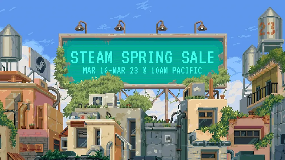 Image showing a spring setting in a city. The words Steam Spring Sale are shown.