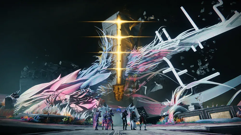 A team of six standing before a massive space plant that intersects with some alien structures.