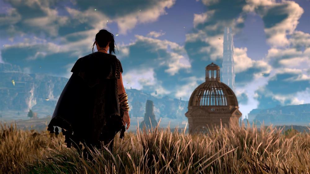 A girl with her back to the camera looks towards a domed building in the distance.