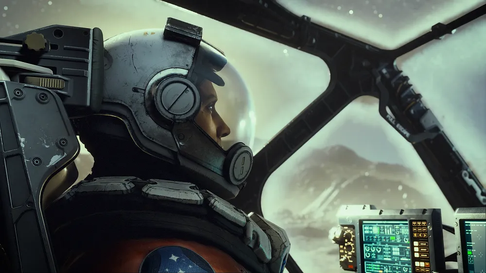 An astronaut peering out from the inside of a spaceship full of buttons and technology.