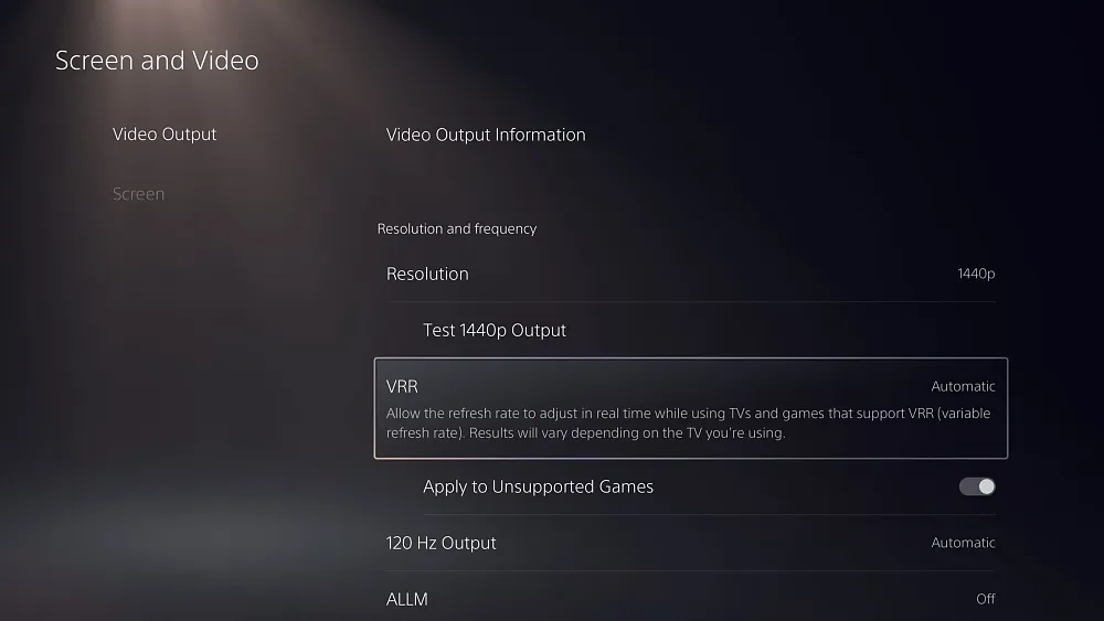 An options screen for the PlayStation 5 console showing that variable refresh rate feature has been added for 1440p resolution.