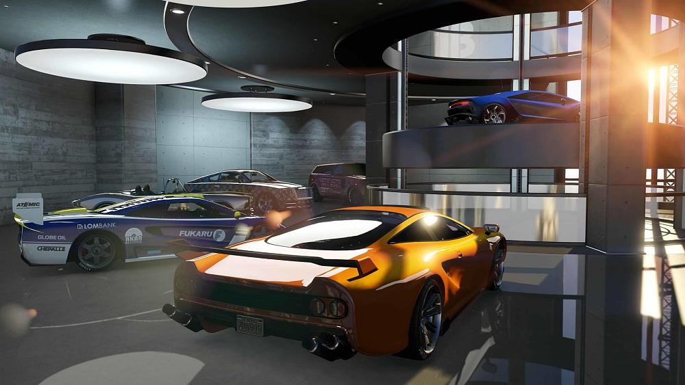 Screenshot from a video game showing a car showcase room with several exotic cars and sports cars on display.