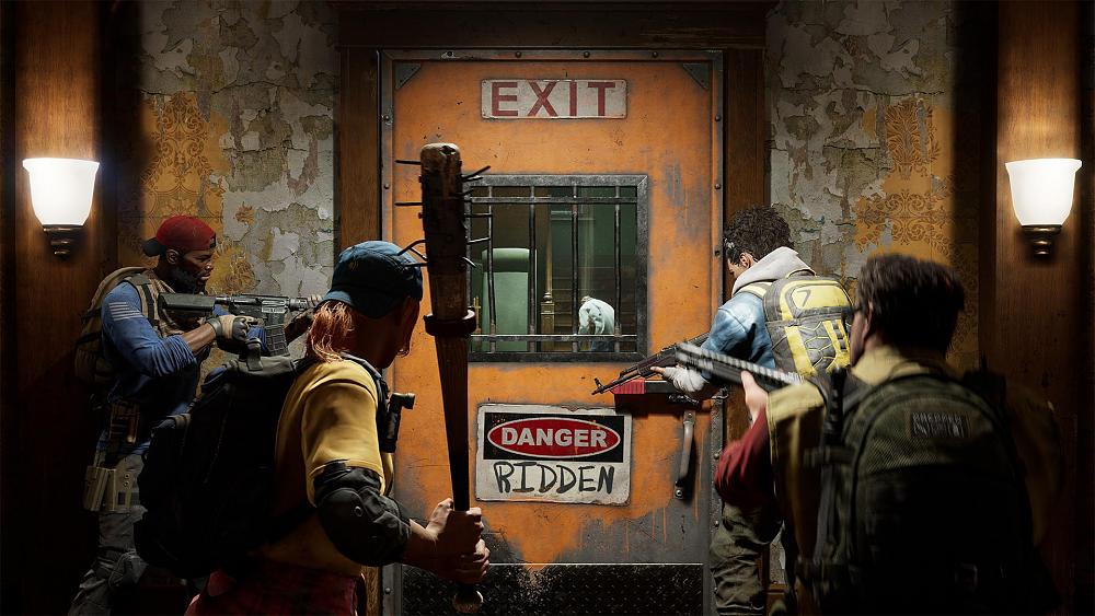 Screenshot from a game. There are four characters surrounding a heavy metal door. The door reads "EXIT" and "DANGER RIDDEN" on a couple of signs. The people are holding a variety of weapons. Two are holding assault rifles, one is holding a shotgun, and one is holding a bat with nails protruding from one end.