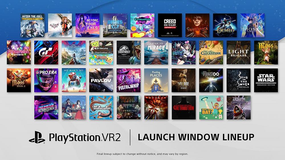 An image showing thumbnails for over 30 PlayStation VR2 games that will be released during its launch window.