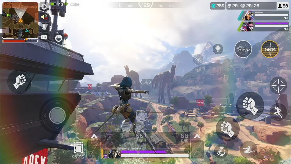 A person jumping from a building. The land below is a mix of dirt and grass. There are some exotic, alien flora and fauna in the distance.