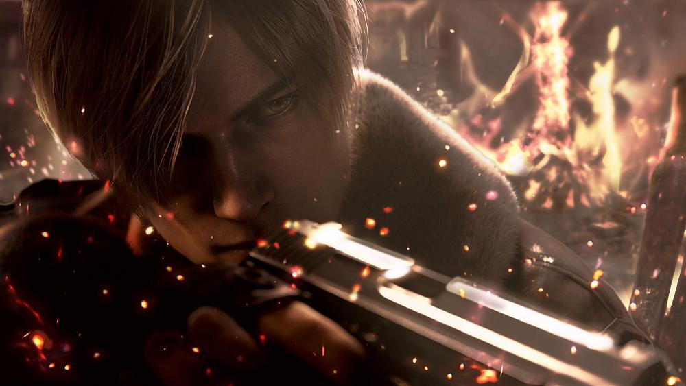 A man with long hair surrounded by flames. He is aiming down the sight of a pistol.