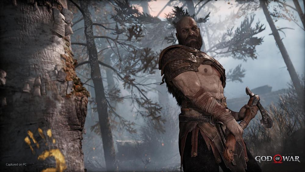 A very muscular man, who is bald with a big beard, is preparing to cut down a tree. He is holding an axe in his hands and is staring at a tree with a yellow handprint on it.