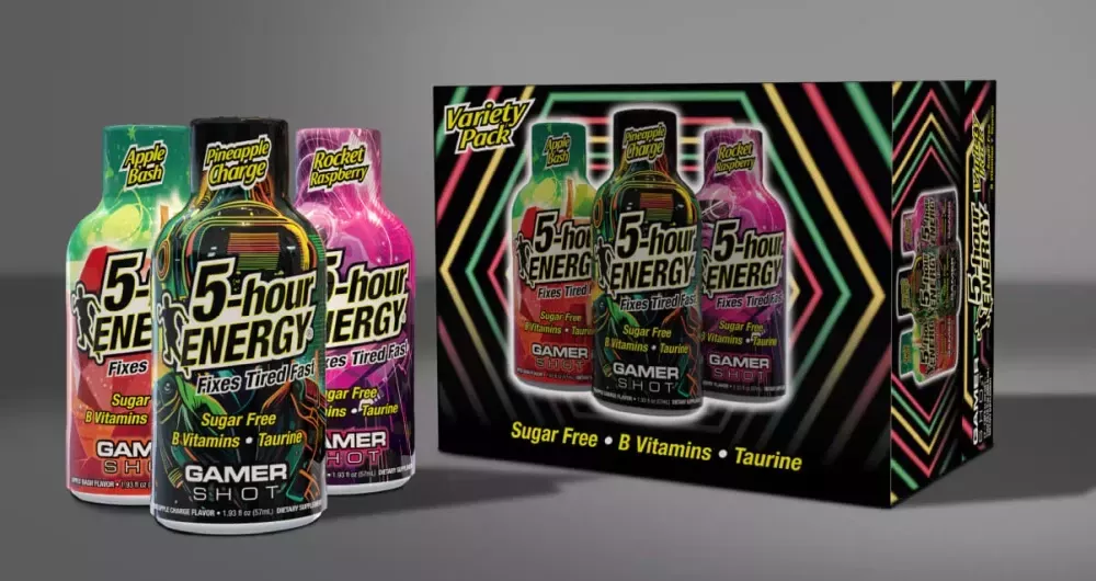 Image showing three different flavors and a variety pack for the new 5-hour Energy Gamer Shot. Shows flavors of Apple Bash, Pineapple Charge, and Rocket Raspberry.