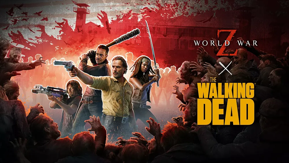 Four characters from The Walking Dead squaring off against an encroaching ring of zombies.