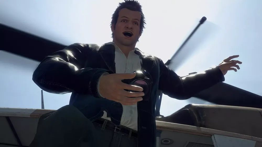 Remastered Frank West jumping out of a helicopter in the Dead Rising remake.