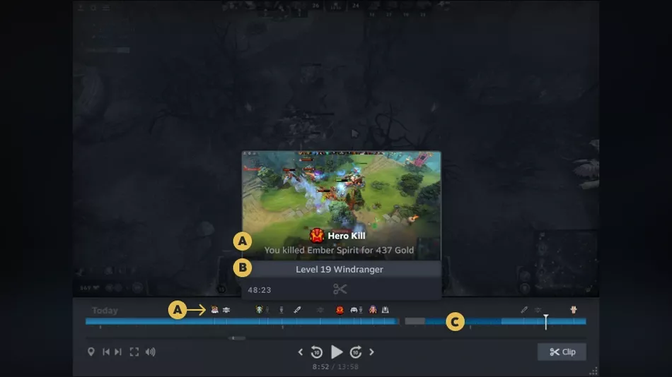 Image of a timeline and video editor for the new Steam Game Recording beta.