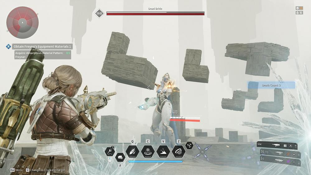 A character shooting at a large humonoid being in a white void with a few floating pieces of rock.