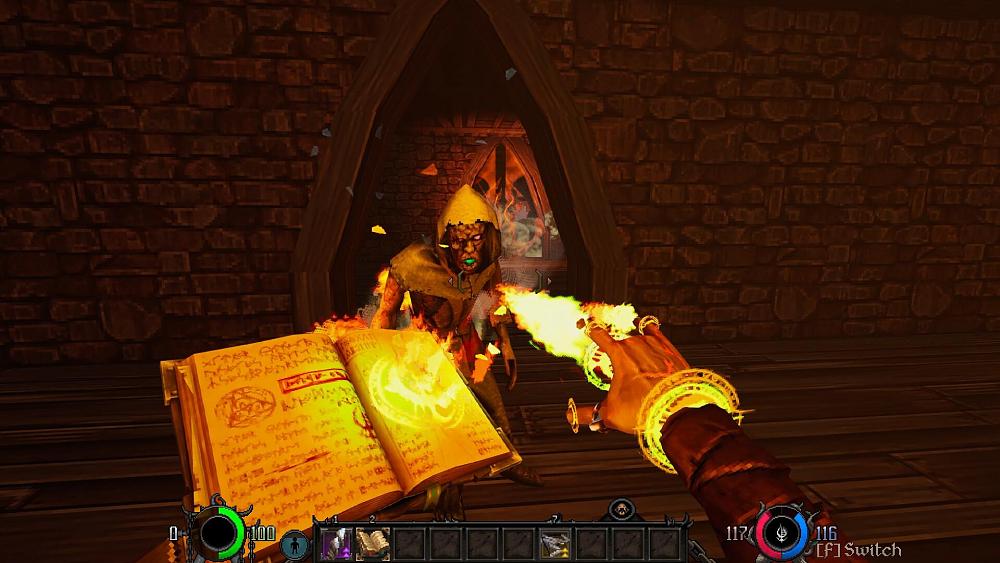 A player shooting a flame at an enemy.